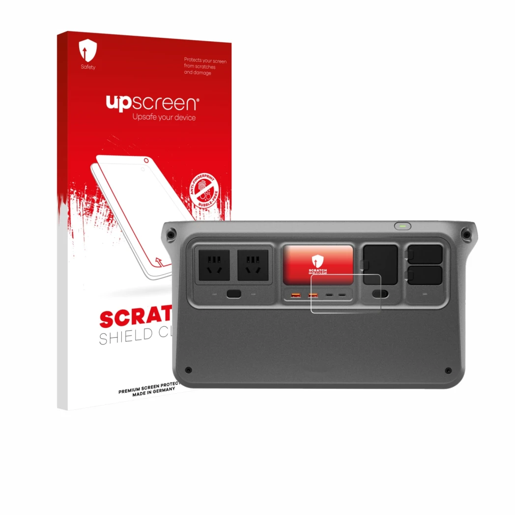 Parte frontal de un envase de producto con el logotipo de la marca upscreen. Al lado se muestra el dispositivo DJI Power 1000