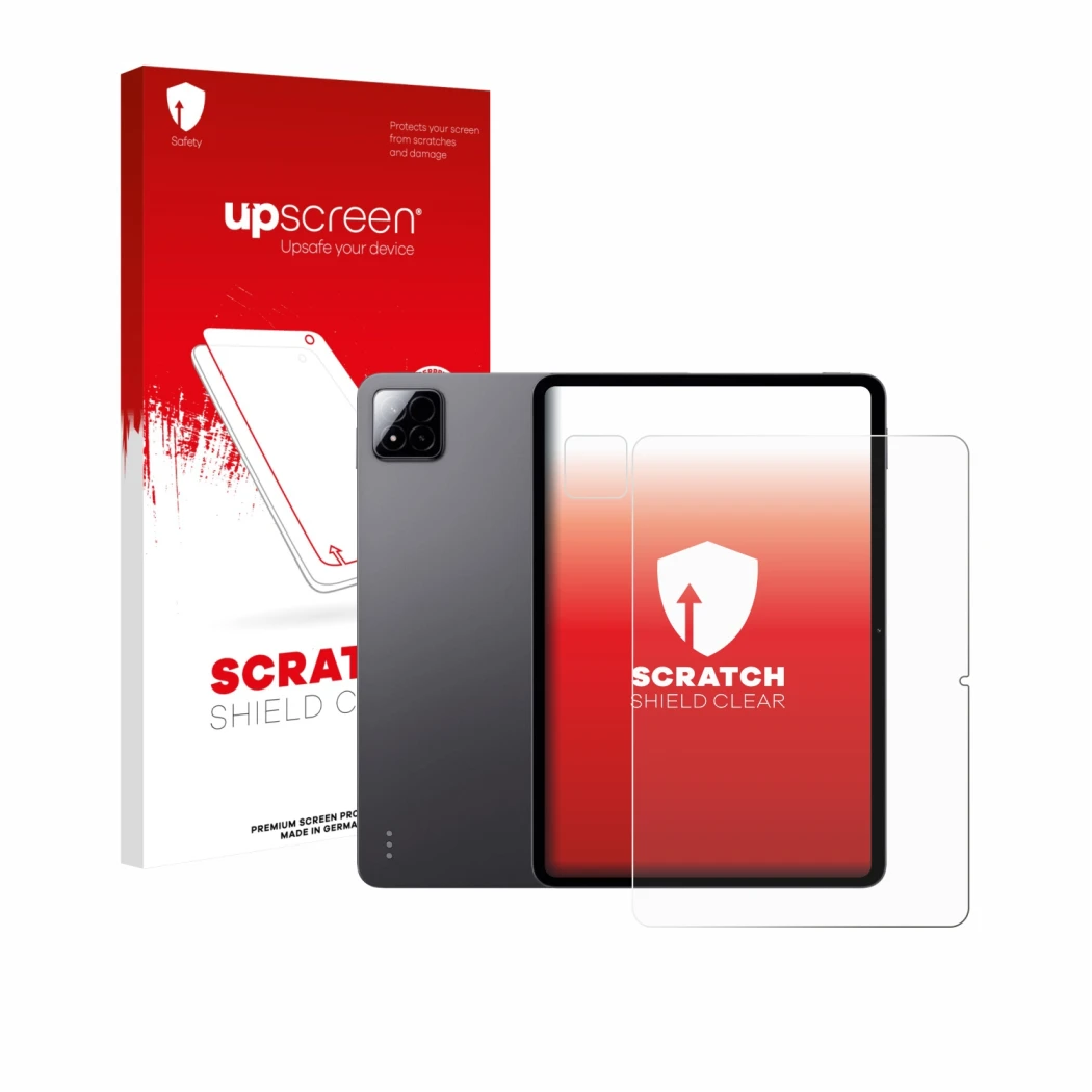 Parte frontal de un envase de producto con el logotipo de la marca upscreen. Al lado se muestra el dispositivo Xiaomi Pad 7 (F