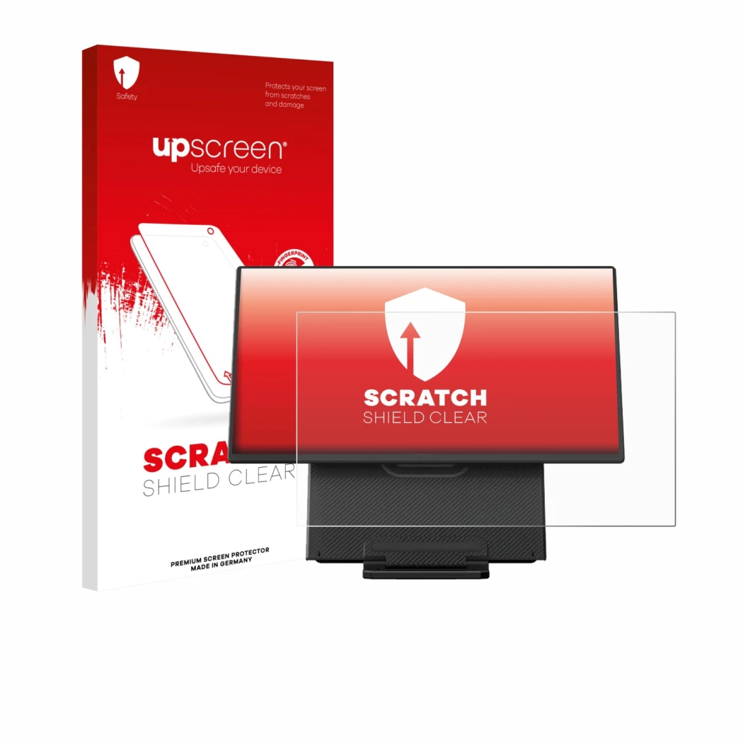 Parte frontal de un envase de producto con el logotipo de la marca upscreen. Al lado se muestra el dispositivo Blackview Table