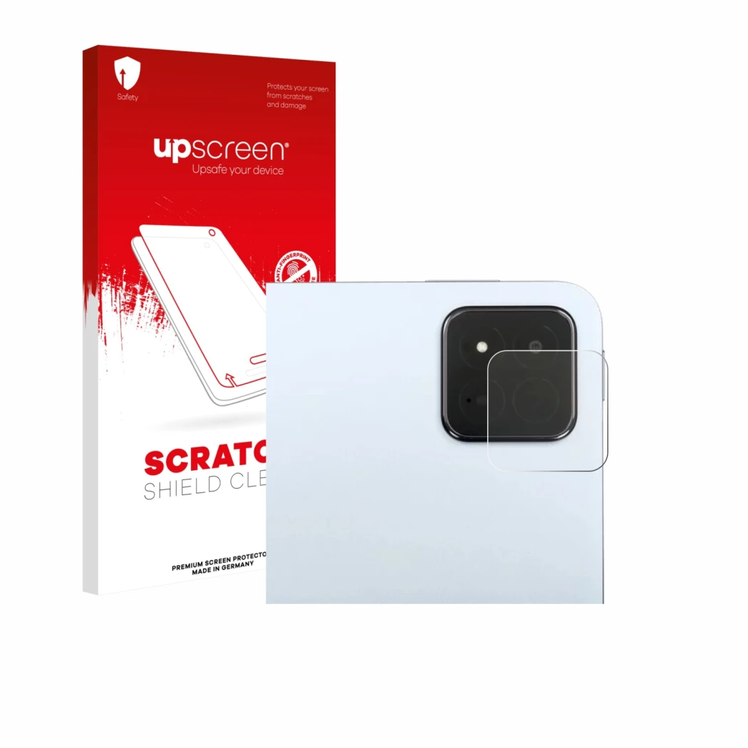 Parte frontal de un envase de producto con el logotipo de la marca upscreen. Al lado se muestra el dispositivo Xiaomi Pad 7 Pr