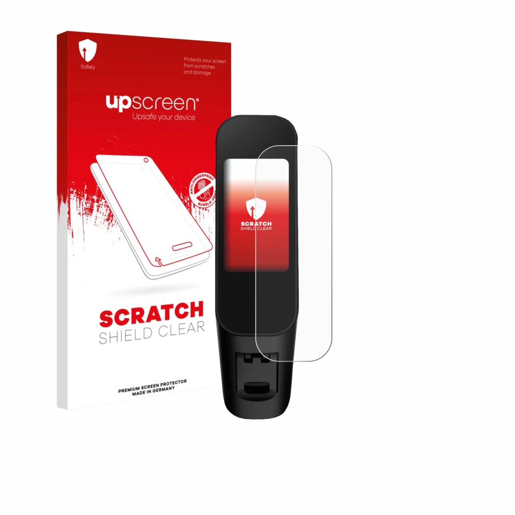 Parte frontal de un envase de producto con el logotipo de la marca upscreen. Al lado se muestra el dispositivo Xiaomi Electric