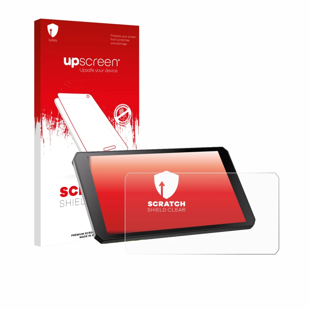 Parte frontal de un envase de producto con el logotipo de la marca upscreen. Al lado se muestra el dispositivo RiderNav R7M co