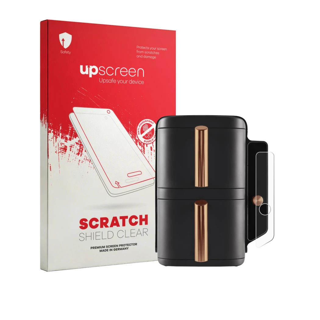 Parte frontal de un envase de producto con el logotipo de la marca upscreen. Al lado se muestra el dispositivo Ninja Double St
