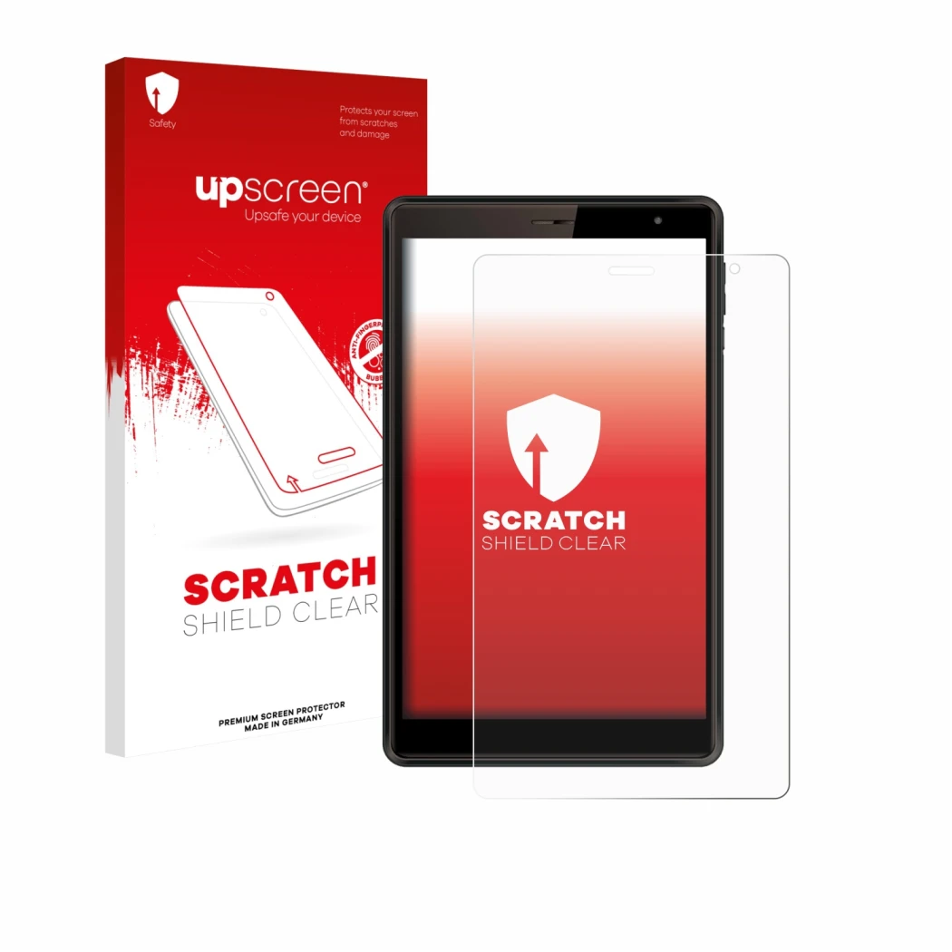 Parte frontal de un envase de producto con el logotipo de la marca upscreen. Al lado se muestra el dispositivo Logicom Tab 80 