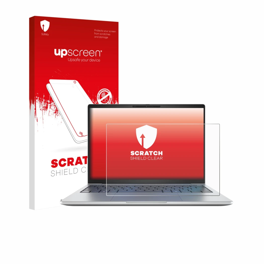 Parte frontal de un envase de producto con el logotipo de la marca upscreen. Al lado se muestra el dispositivo HP EliteBook 8 