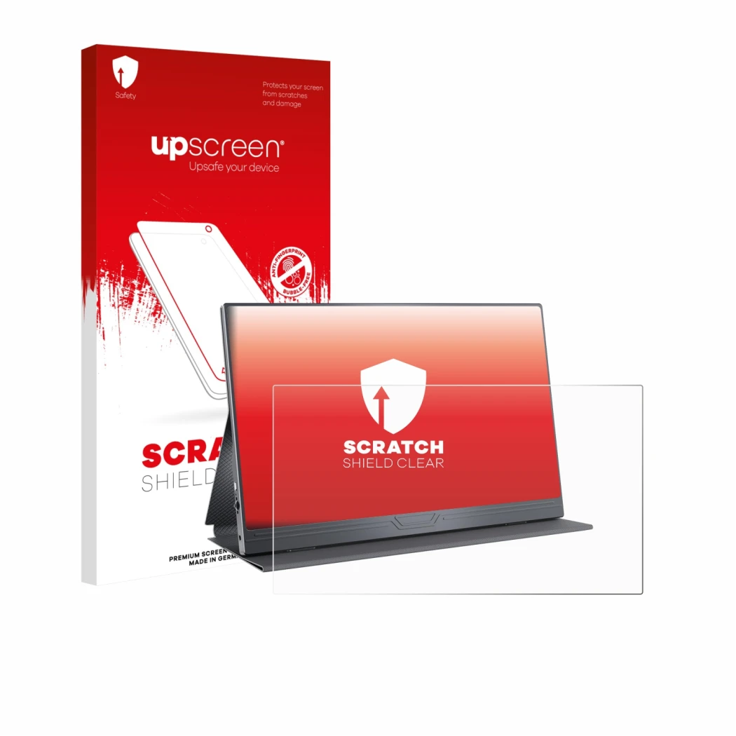 Parte frontal de un envase de producto con el logotipo de la marca upscreen. Al lado se muestra el dispositivo CUIUIC GS156B2 