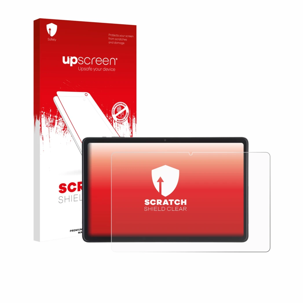 Parte frontal de un envase de producto con el logotipo de la marca upscreen. Al lado se muestra el dispositivo Acepad A171 10.
