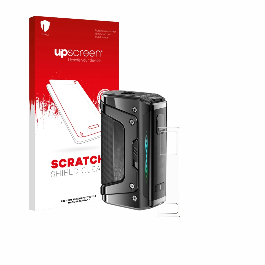 Parte frontal de un envase de producto con el logotipo de la marca upscreen. Al lado se muestra el dispositivo GeekVape Aegis