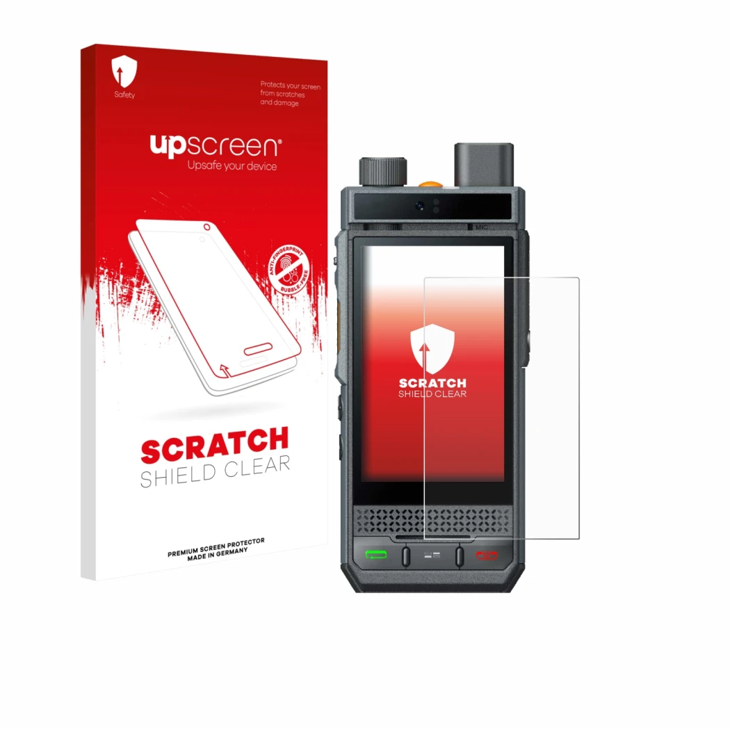 Parte frontal de un envase de producto con el logotipo de la marca upscreen. Al lado se muestra el dispositivo Hytera P60 con