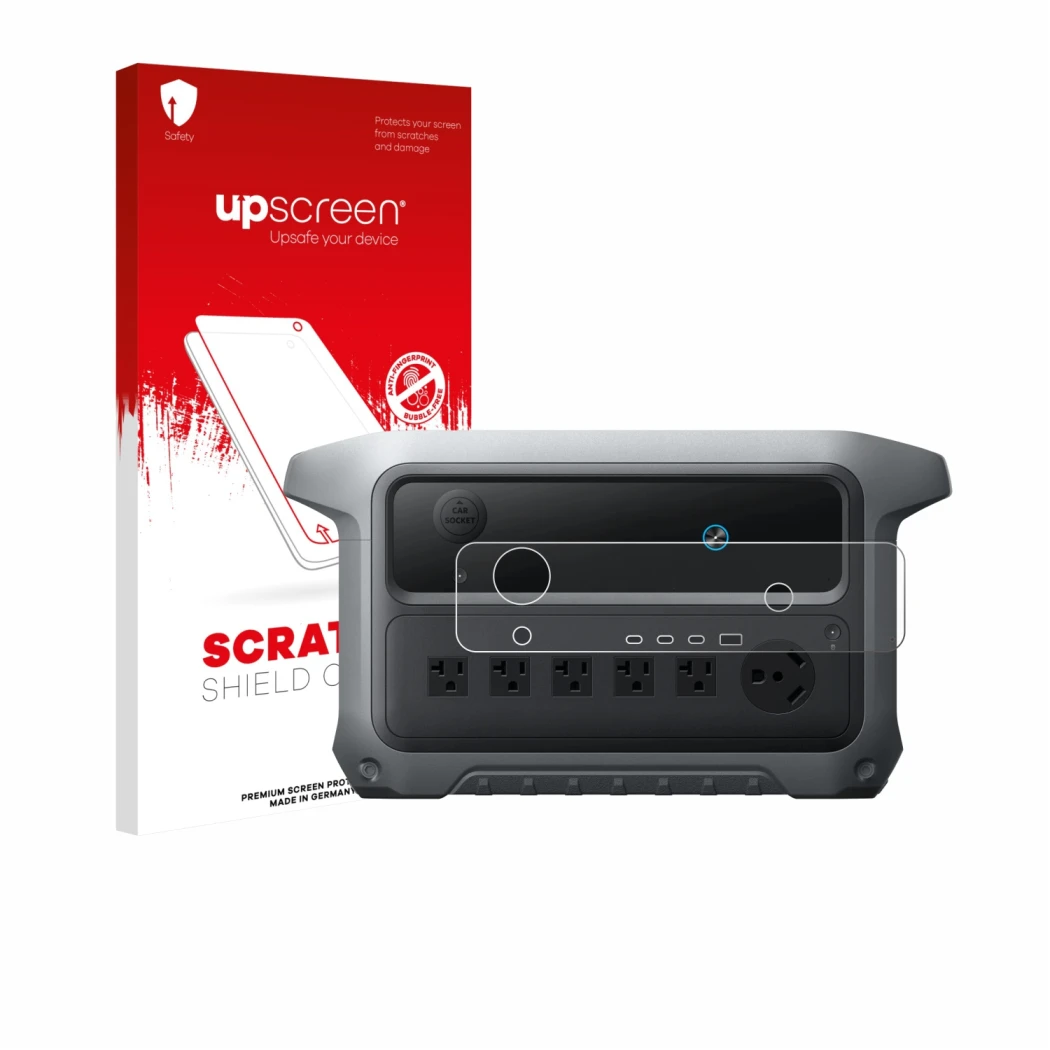 Parte frontal de un envase de producto con el logotipo de la marca upscreen. Al lado se muestra el dispositivo Anker SOLIX C20