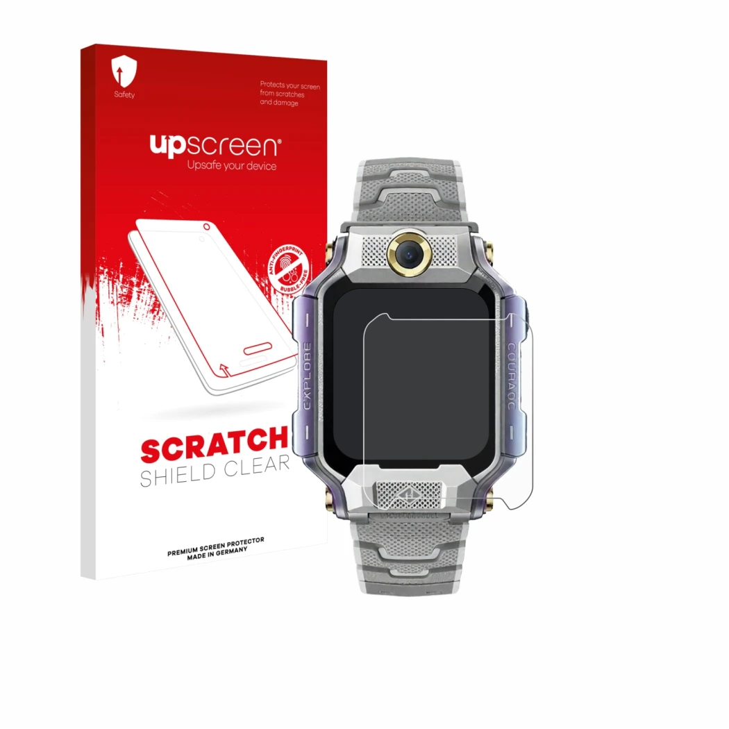Parte frontal de un envase de producto con el logotipo de la marca upscreen. Al lado se muestra el dispositivo Imoo Watch Phon