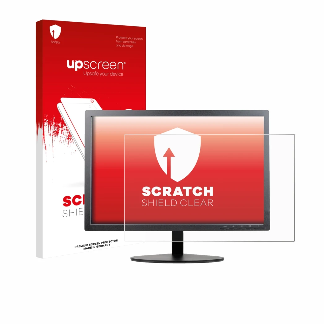 Parte frontal de un envase de producto con el logotipo de la marca upscreen. Al lado se muestra el dispositivo Lenovo ThinkVis