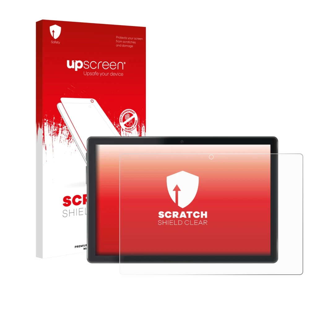 Parte frontal de un envase de producto con el logotipo de la marca upscreen. Al lado se muestra el dispositivo Lisciani Mio Ta