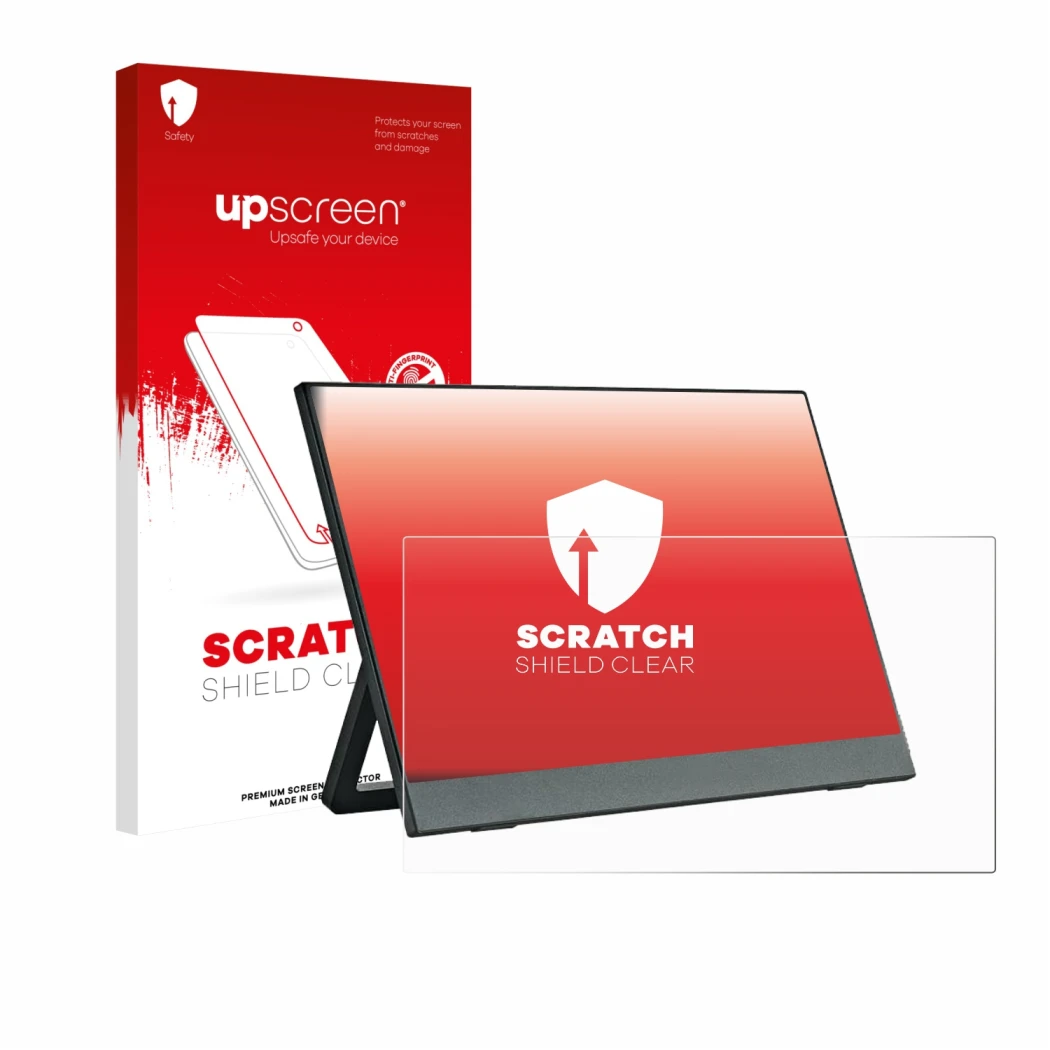 Parte frontal de un envase de producto con el logotipo de la marca upscreen. Al lado se muestra el dispositivo Anmite A140W03 