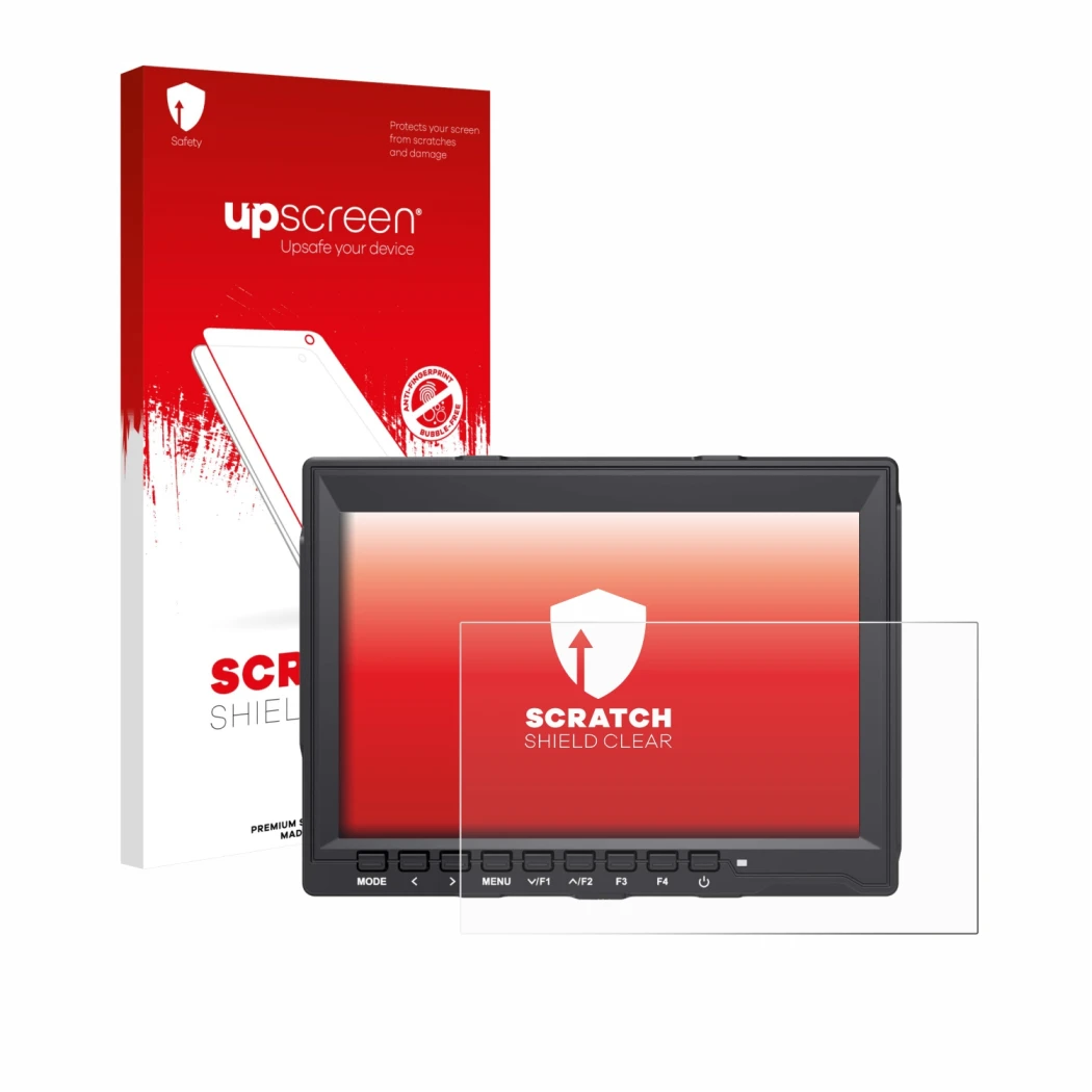 Parte frontal de un envase de producto con el logotipo de la marca upscreen. Al lado se muestra el dispositivo Feelworld FW759