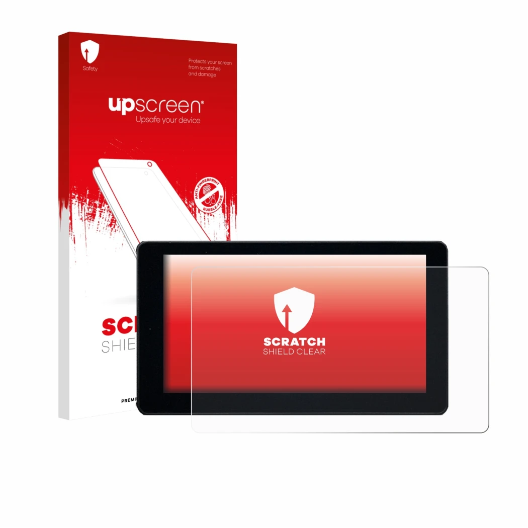 Parte frontal de un envase de producto con el logotipo de la marca upscreen. Al lado se muestra el dispositivo Zontes 368K con