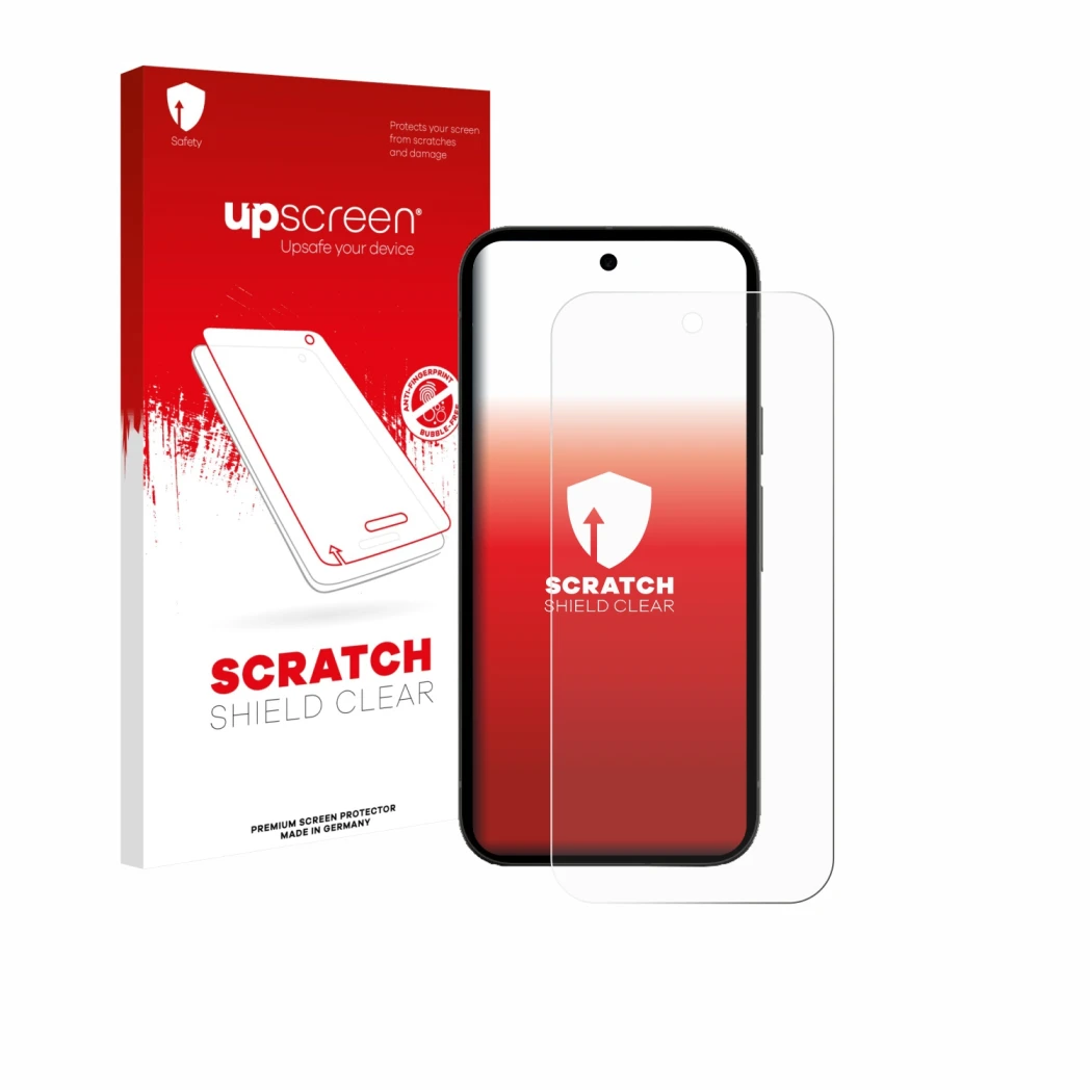 Parte frontal de un envase de producto con el logotipo de la marca upscreen. Al lado se muestra el dispositivo Google Pixel 10