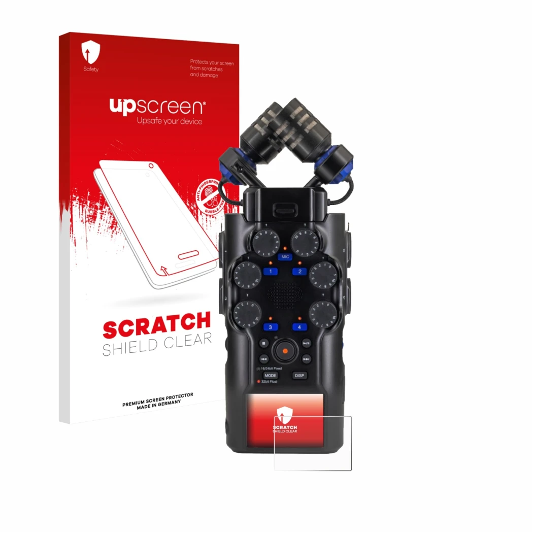 Parte frontal de un envase de producto con el logotipo de la marca upscreen. Al lado se muestra el dispositivo Zoom H6 studio