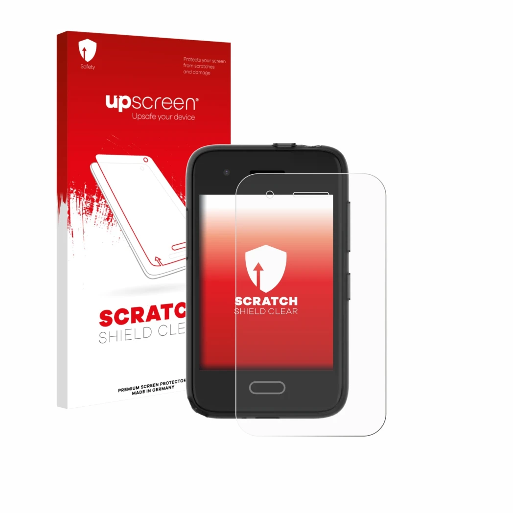 Parte frontal de un envase de producto con el logotipo de la marca upscreen. Al lado se muestra el dispositivo Xplora One con 