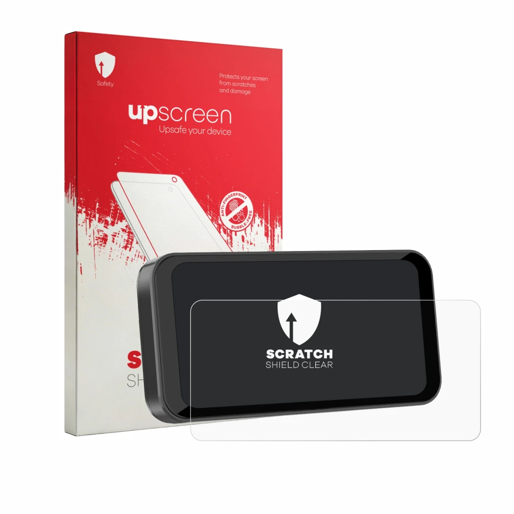 Parte frontal de un envase de producto con el logotipo de la marca upscreen. Al lado se muestra el dispositivo Carpuride W603B