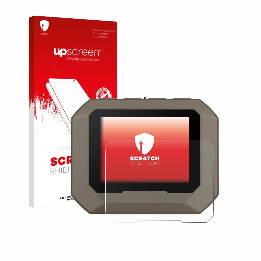 Parte frontal de un envase de producto con el logotipo de la marca upscreen. Al lado se muestra el dispositivo Garmin Xero C2