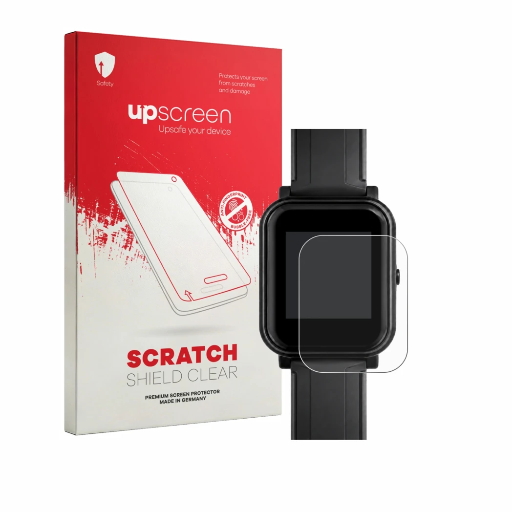 Parte frontal de un envase de producto con el logotipo de la marca upscreen. Al lado se muestra el dispositivo Bangle.js 2 con