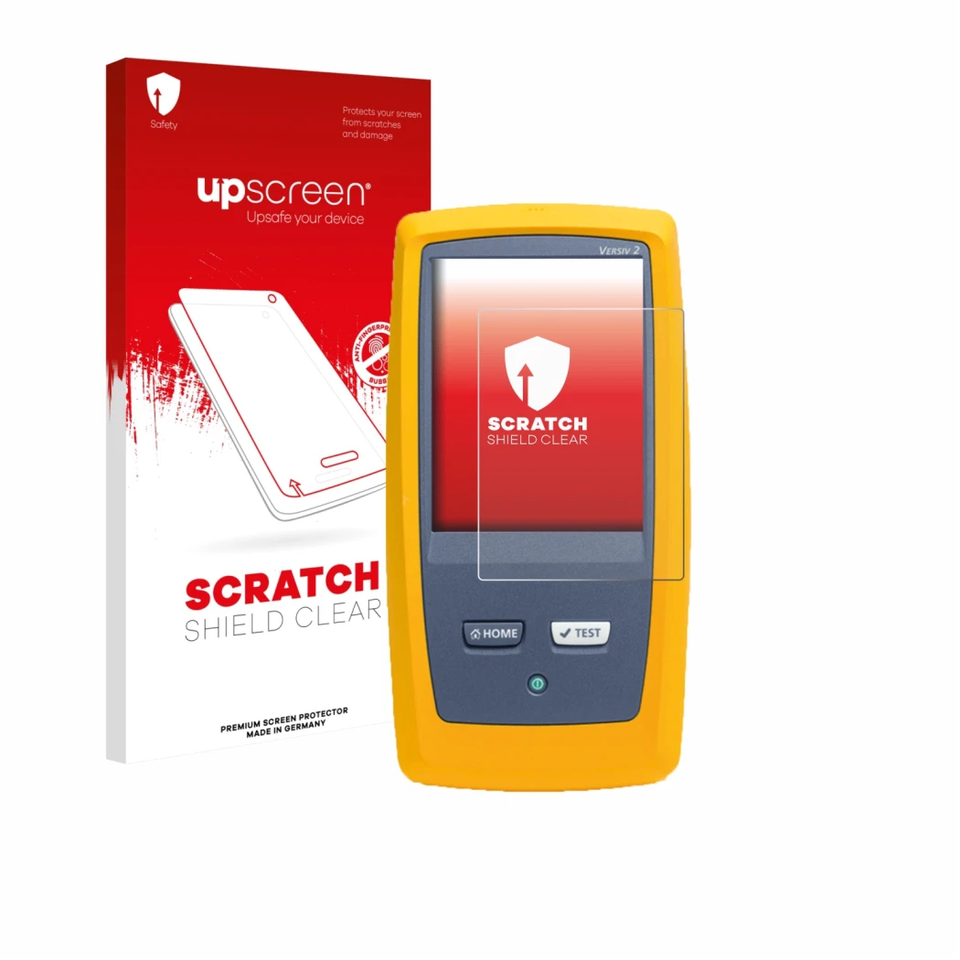 Parte frontal de un envase de producto con el logotipo de la marca upscreen. Al lado se muestra el dispositivo Fluke DSX8000 c