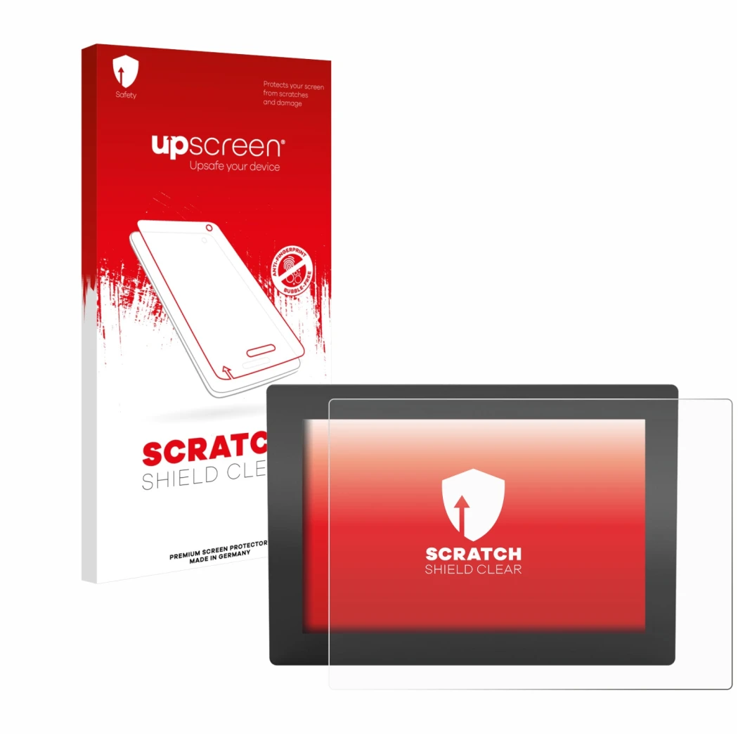 Parte frontal de un envase de producto con el logotipo de la marca upscreen. Al lado se muestra el dispositivo WAGO Web Panel 