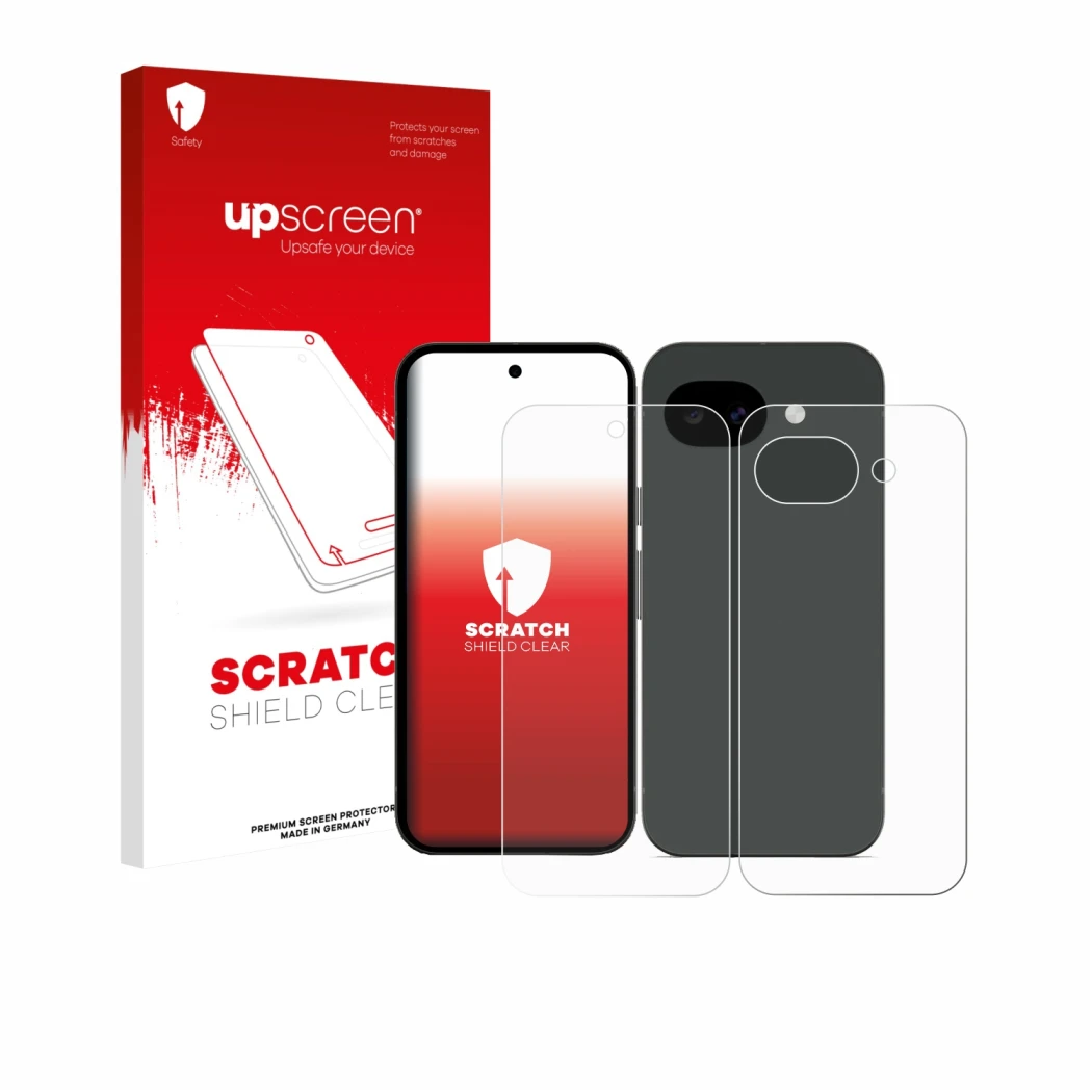 Parte frontal de un envase de producto con el logotipo de la marca upscreen. Al lado se muestra el dispositivo Google Pixel 10