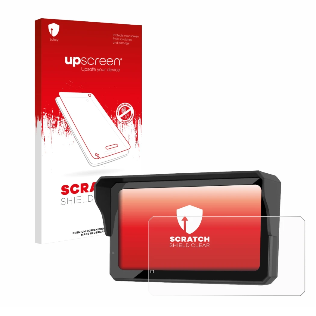 Parte frontal de un envase de producto con el logotipo de la marca upscreen. Al lado se muestra el dispositivo Carpuride W602B