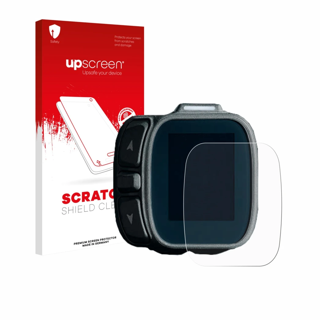 Parte frontal de un envase de producto con el logotipo de la marca upscreen. Al lado se muestra el dispositivo Giant Ridecontr