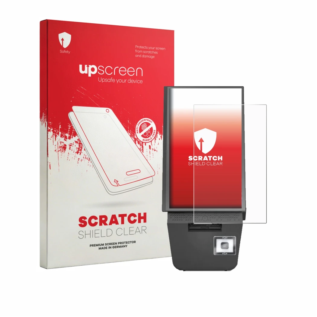 Parte frontal de un envase de producto con el logotipo de la marca upscreen. Al lado se muestra el dispositivo Pyramid Compute