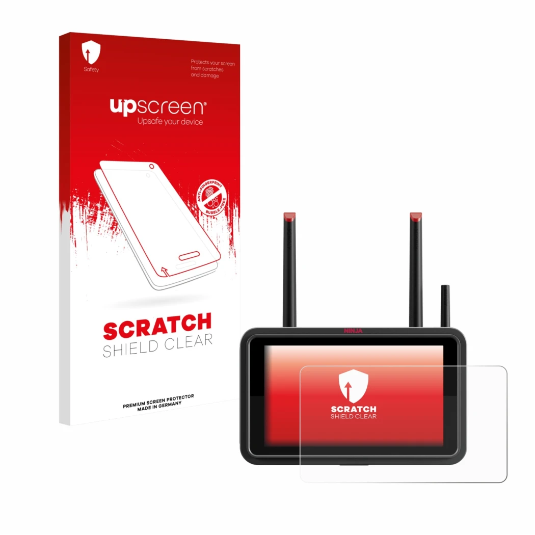 Parte frontal de un envase de producto con el logotipo de la marca upscreen. Al lado se muestra el dispositivo Atomos Ninja TX