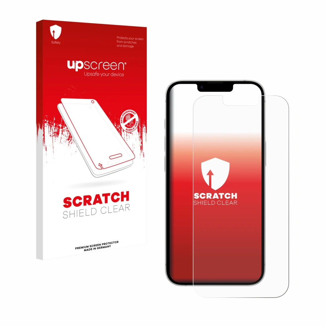 Parte frontal de un envase de producto con el logotipo de la marca upscreen. Al lado se muestra el dispositivo Apple iPhone 17