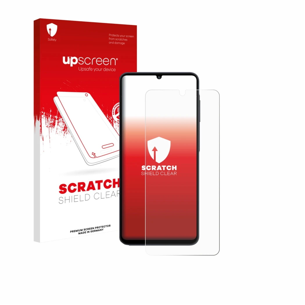 Parte frontal de un envase de producto con el logotipo de la marca upscreen. Al lado se muestra el dispositivo Samsung Galaxy 