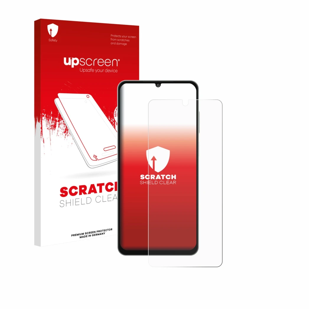 Parte frontal de un envase de producto con el logotipo de la marca upscreen. Al lado se muestra el dispositivo Samsung Galaxy