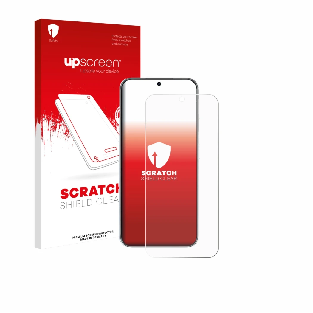Parte frontal de un envase de producto con el logotipo de la marca upscreen. Al lado se muestra el dispositivo Huawei Nova 14