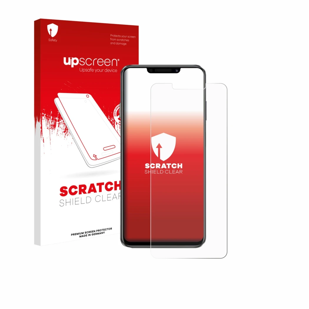 Parte frontal de un envase de producto con el logotipo de la marca upscreen. Al lado se muestra el dispositivo Huawei Enjoy 60