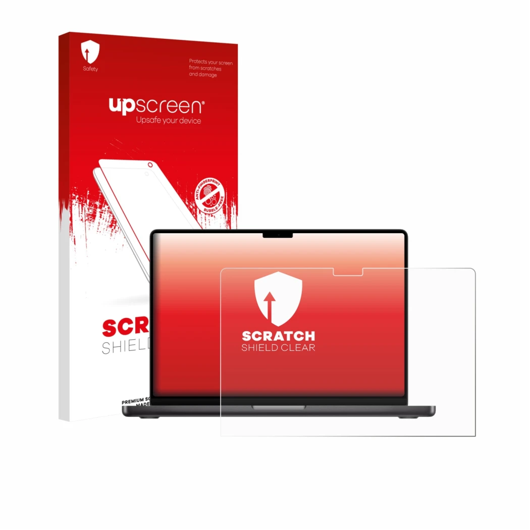 Parte frontal de un envase de producto con el logotipo de la marca upscreen. Al lado se muestra el dispositivo Apple MacBook P