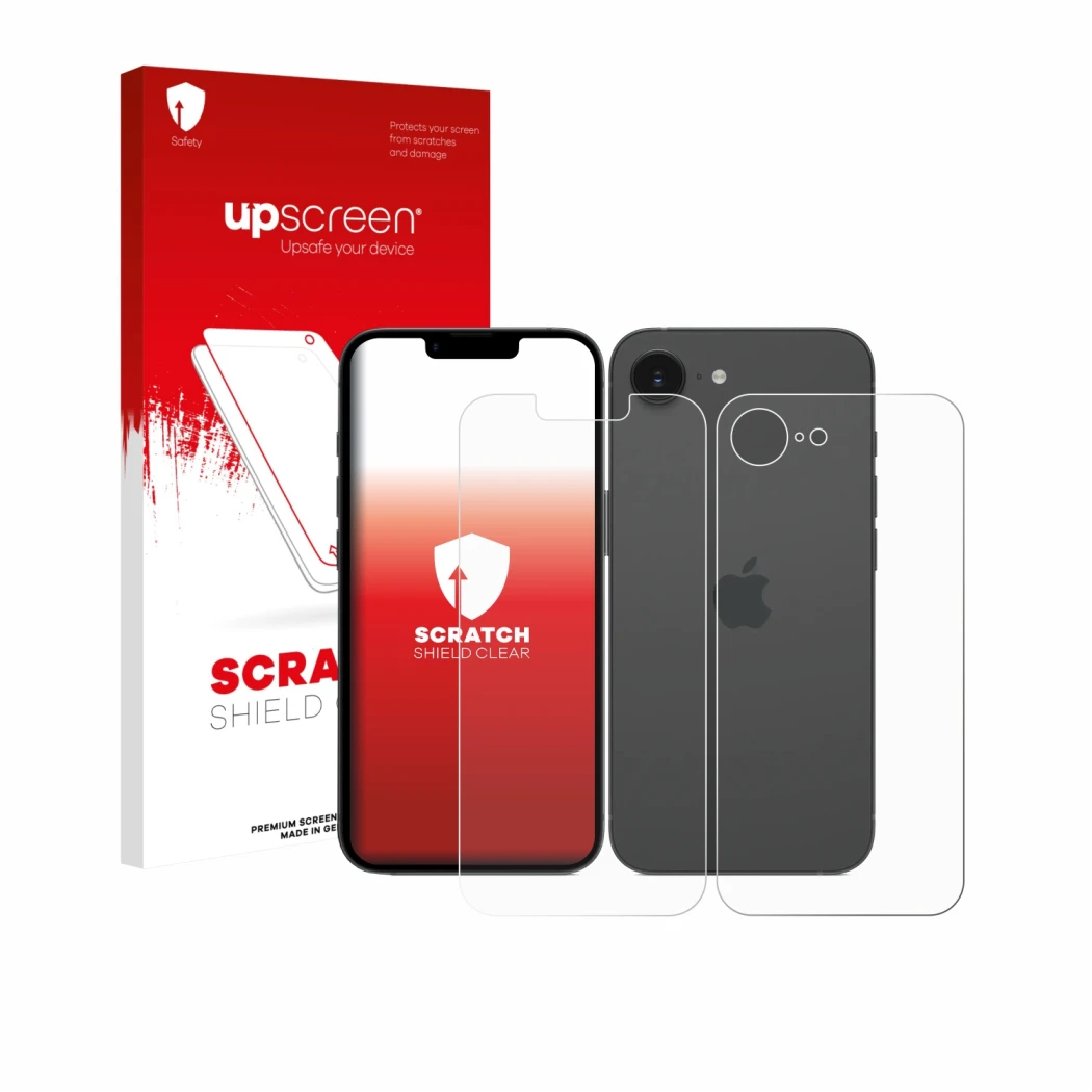Parte frontal de un envase de producto con el logotipo de la marca upscreen. Al lado se muestra el dispositivo Apple iPhone 17