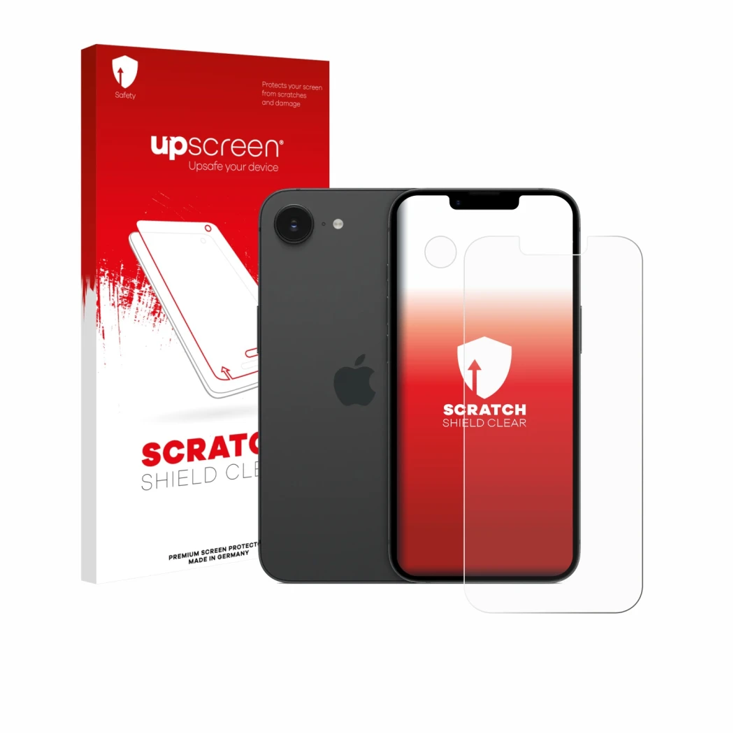 Parte frontal de un envase de producto con el logotipo de la marca upscreen. Al lado se muestra el dispositivo Apple iPhone 17