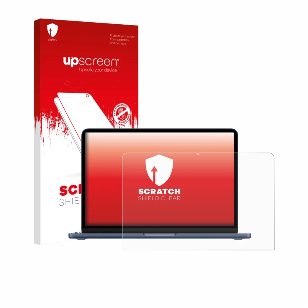 Parte frontal de un envase de producto con el logotipo de la marca upscreen. Al lado se muestra el dispositivo Apple MacBook N