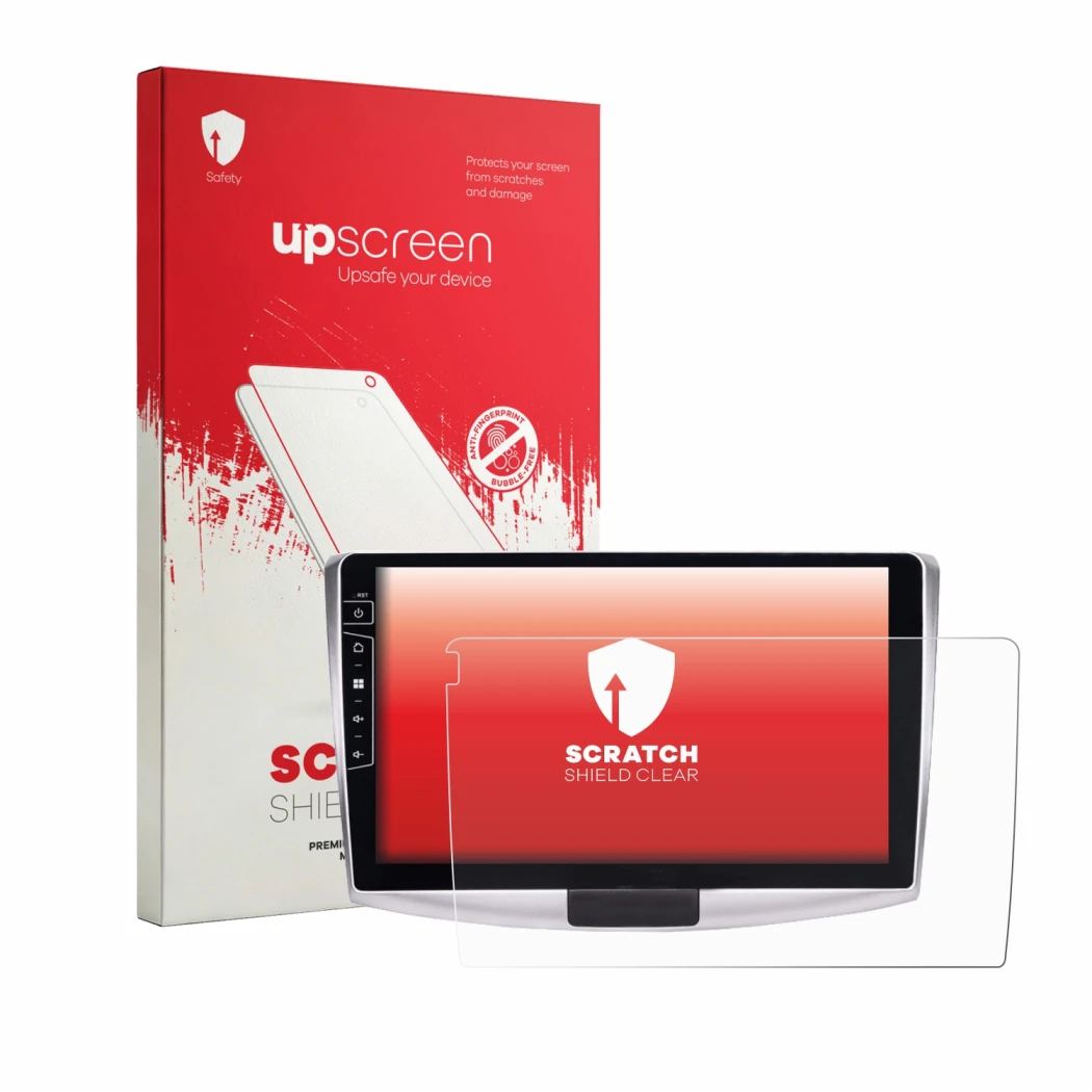 Parte frontal de un envase de producto con el logotipo de la marca upscreen. Al lado se muestra el dispositivo Dynavin D9-B6S
