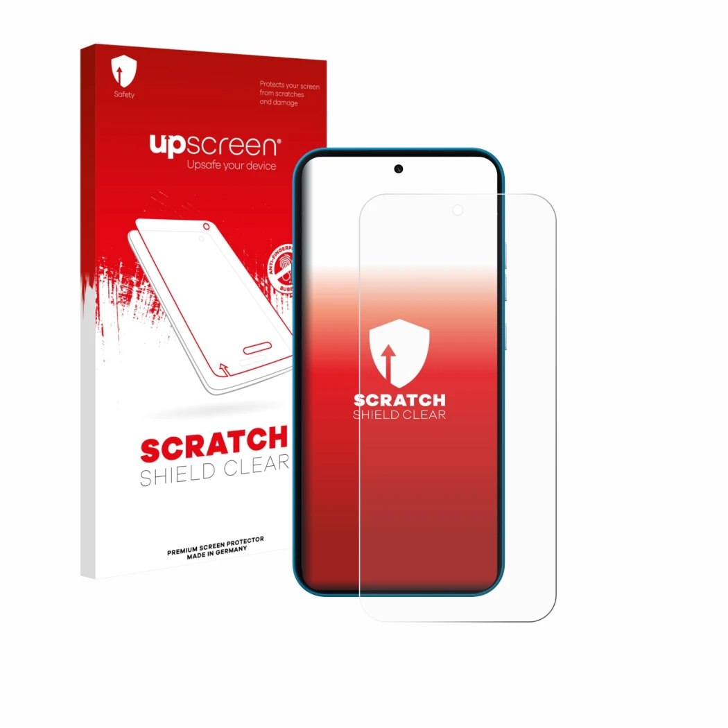 Parte frontal de un envase de producto con el logotipo de la marca upscreen. Al lado se muestra el dispositivo Nothing Phone (