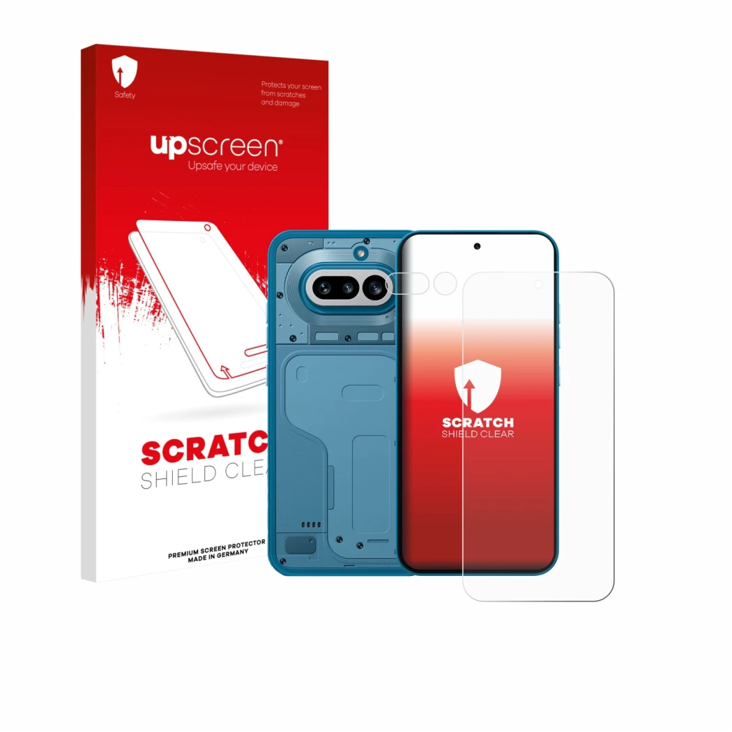 Parte frontal de un envase de producto con el logotipo de la marca upscreen. Al lado se muestra el dispositivo Nothing Phone (