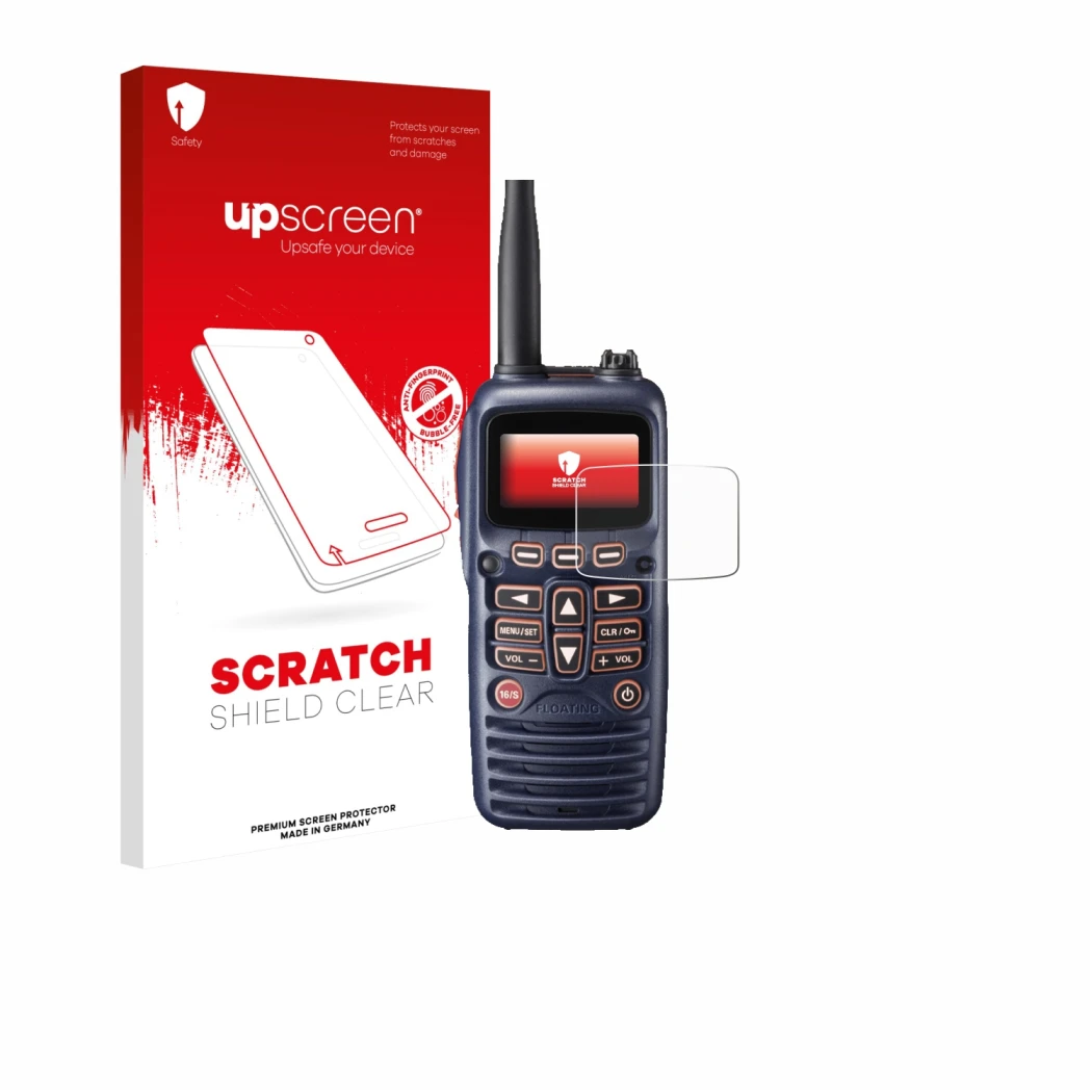 Parte frontal de un envase de producto con el logotipo de la marca upscreen. Al lado se muestra el dispositivo Standard Horizo