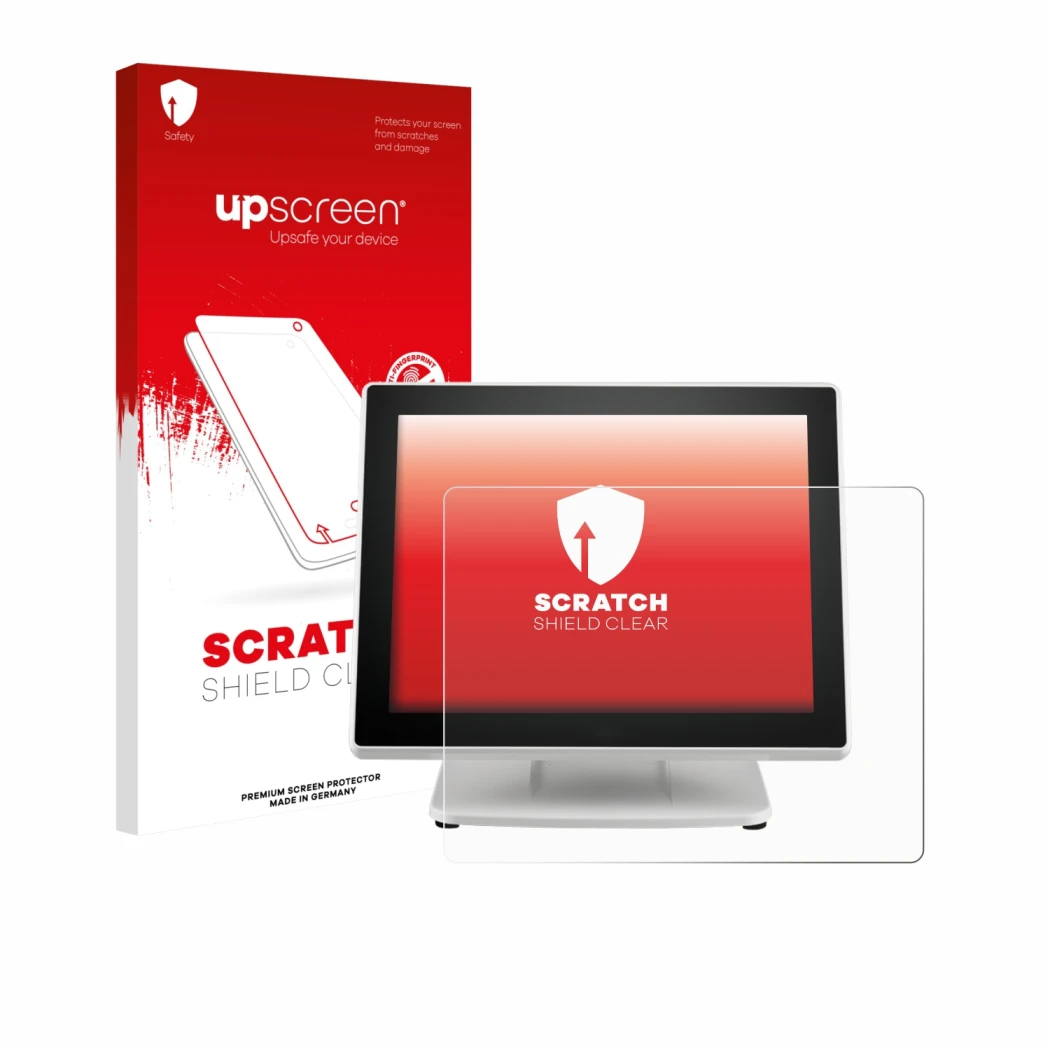 Parte frontal de un envase de producto con el logotipo de la marca upscreen. Al lado se muestra el dispositivo Posiflex PS-361