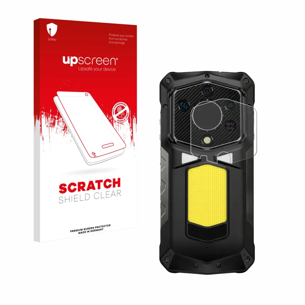 Parte frontal de un envase de producto con el logotipo de la marca upscreen. Al lado se muestra el dispositivo Ulefone Armor 2