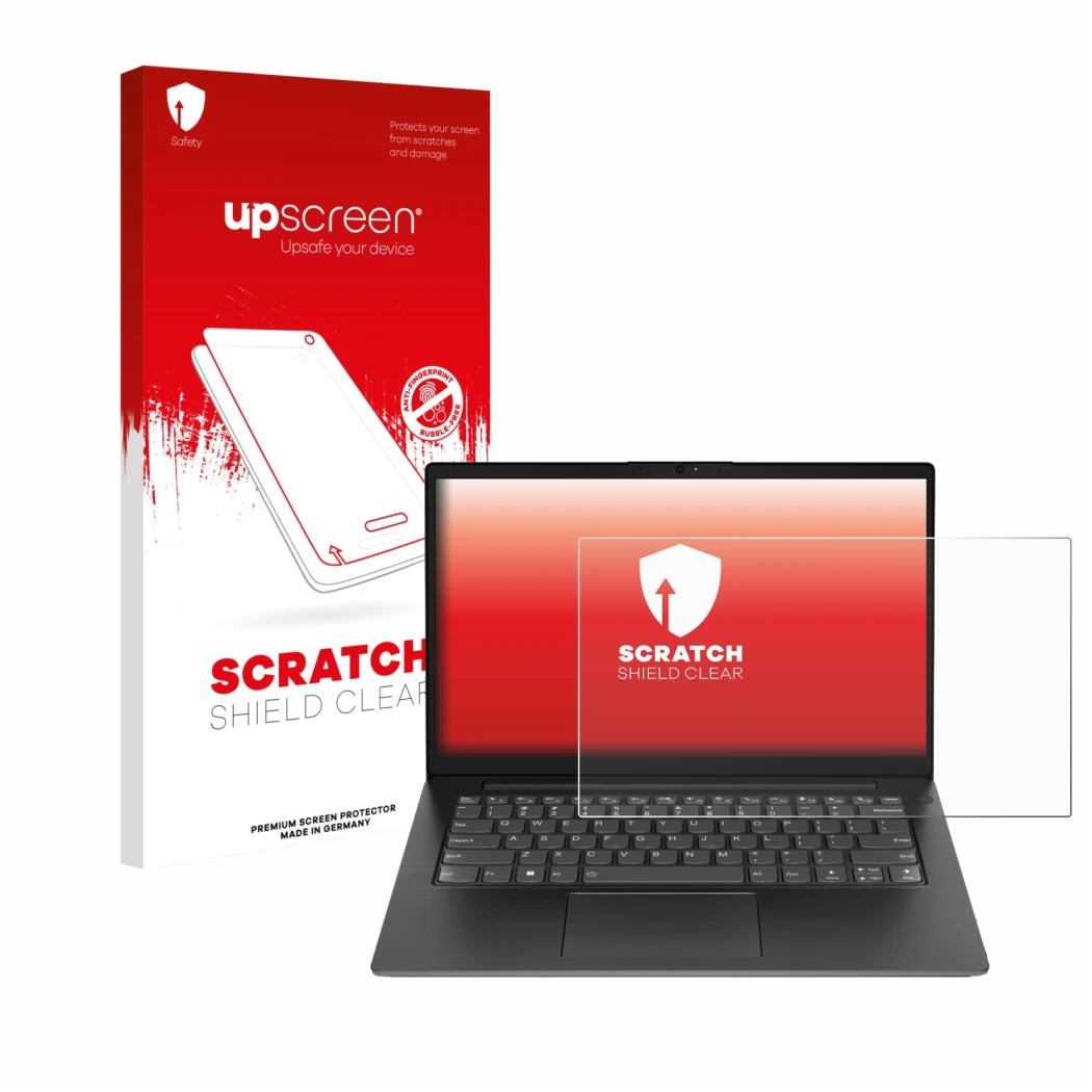 Parte frontal de un envase de producto con el logotipo de la marca upscreen. Al lado se muestra el dispositivo Lenovo V14 Gen