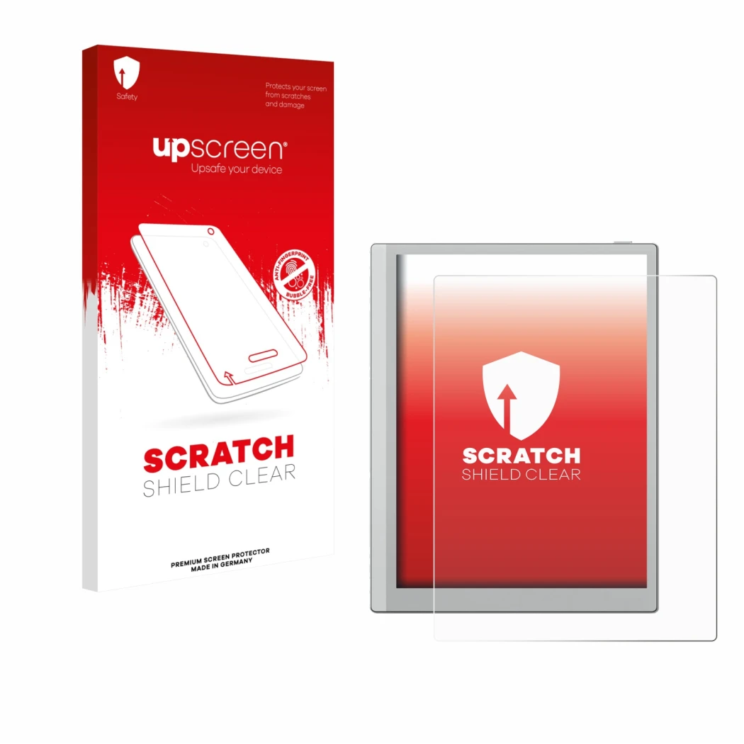 Parte frontal de un envase de producto con el logotipo de la marca upscreen. Al lado se muestra el dispositivo Boox Go 10.3 (G